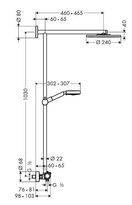 Technische Zeichnung Raindance Showerpipe 27160000